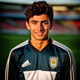 85mm DSLR color photography of a very detailed headshot fitting all of head and hair in frame. 19-year-old Argentine soccer player, and with no facial hair and has no facial hair, has short and black hair with a small smile, grey background