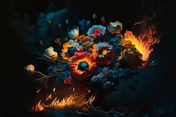 flower bouquet in fire in moonlight