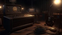 4k full realism, ultra details, lumieres maximum. Ombres ultra. emission radio hard rock. Un invité surprise de profil sourit Au milieu d eux un poste de radio brûle.