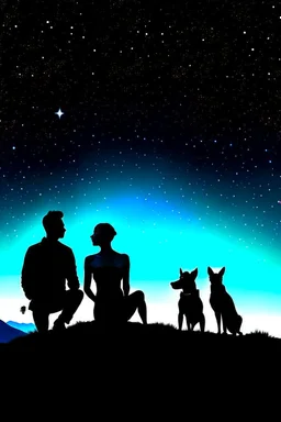 black background on a mountaintop and three silhouettes of a fit man, a silhouette of a fit woman, and silhouette of a Belgian malinois sitting next to the men and the woman looking at the stars