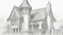 outline pencil sketch of a Gothic house, tall crooked chimney, and roof