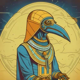 An colour drawing of thoth the Egyptian god as an astronaut