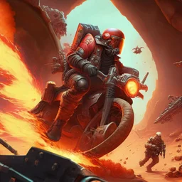 Motorbiker rude and masculine jump in lava planet with magma gun, wasteland dieselpunk style.