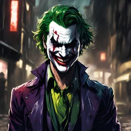 DEhybrid of (the joker:carnage:0. 1), sharp fangs, wide grin, grungy background street, moody lighting, shadows on left, torn jacket