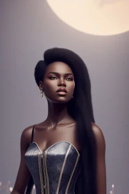 A portrait of a beautiful youthful black woman, wearing a corset, long black hair, wizard, magical, ethereal, soft bright lighting. Concept art by wlop. Ultra quality 8k.