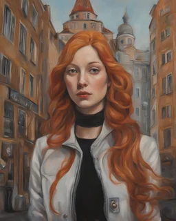 Ginger hair Alexandra "Sasha" Aleksejevna Lussinin the head Apple Vision Pro of lovely bombshells Stocholm city oil paiting fantasy psychology dream, symptom, paint Salvador Dalí style in the Stocholm city