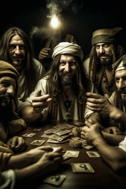 Jesus and some pirates friends smoking and playing cards, davinci. Surreal. Agony face, smile, pain scream. Fish eye lense camera.