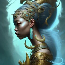 Sango fantasy, fantasy magic, intricate, sharp focus, illustration, highly detailed, digital painting, concept art, matte, art germ and Paul Lewin and Kehinde Wiley, masterpiece Japanese dancer head bronze eel' Asian African girl nice breast Thai hair turquoise silver blue under water