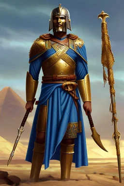 [ancien Egypt, real photography] Akkiru, Leader of the Sea Peoples, stood tall amidst the chaos of the battlefield. His helmet bore a crest like a ship's prow, an emblem of his maritime dominion. Clad in a deep blue tunic woven with threads of gold and silver, he was a beacon of command and unity among the diverse warriors under his banner. His eyes, sharp and unwavering, surveyed the conflict with seasoned wisdom. In his grip, a bronze-hilted sword gleamed in the sunlight, a reflection of the