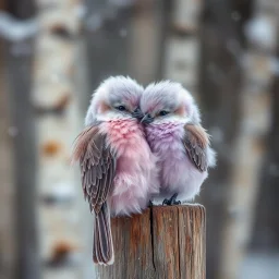 close up of a fluffy adorable light purple bird closely snuggling up against a light pink fluffy bird on a rustic wooden fence post during a snowstorm, intricate feather textures, birch trees in background, high shutter speed nature photography, sharp feather texture and coloring, soft winter light filtering, ambient shadows, cool color palette, by Andy Kehoe