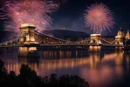 Chain Bridge Budapest, Danube, fireworks in the sky, smoke, dust, reflection at night in starshine