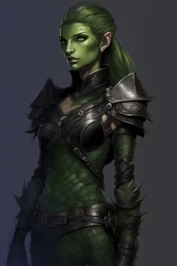 female snake humanoid, green scales, wearing a black leather armor, dungeons and dragons