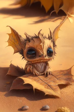 cute faced tiny desert demon sitting on a dried leaf, intricately detailed, photorealistic, oil on canvas, trending on art station, high definition, hdr, cute, beautiful in sunshine