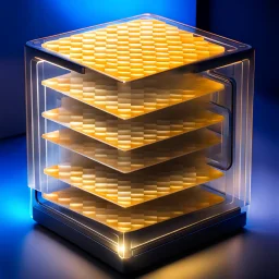 a futuristic translucent neurocube, inside the cube there are partitions made of honeycomb plates