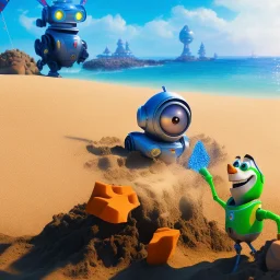 The robot and the moose on the beach happily making sandcastles in the sun, art by Pixar and Disney