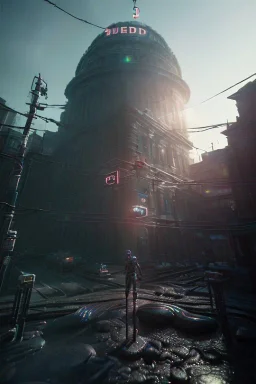 3d, si-fi hunger, middle stand on round platform, connected by wires , vr googles, beautifully color coded, super detailed, moody lighting, volumetric lighting, night time, glowing veins, mass effect, vertical light glow city