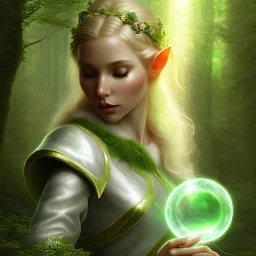 romantic fantasy spray painting, portrait of cute green eyed blonde robed elf poet with halo sitting in huge marble , bubbles, loosing torch in magical forest, foliage frame, magic wand