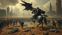detalied cyberpunk interpretation of Bruegel's "The Triumph of Death", capturing the symbolic "harvest" of humanity. this is terror. A dystopian metropolis under smog sky, cybernetic soliders reapers are executing physical harvest many of humans citizens killed army of cyberwarrior androids and robotic soliders, many panicking run away people ,many bodies lying on the ground. a cyber-death warrior in black hood with futuristic gun on an mechanical robotic horse, thriller, detailed, cinematic