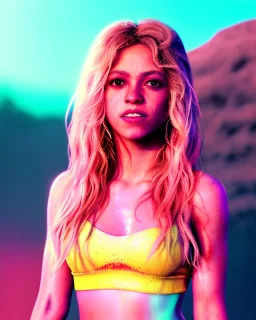 portrait, Shakira, blonde artist, Realistic image, drinking a strawberry milkshake, pink line make-up, sweat, fog, goddess style, Neon colors, leds. Color background, photo studio, concept art, smooth, unreal engine 5, god lights, ray tracing, RTX, lumen lighting, ultra detail, volumetric lighting, 3d, finely drawn, high definition, 4k.