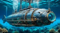 An unique cyber steampunk glass and metal submarine in the ocean, with large of water surrounding it. The submarine bottom positioned in the center of the frame, providing a unique perspective on this streamlined high-techstructure and interior equipment underwater, high detalied, sharp focus, best shot, sci-fi mood