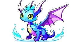 cartoon illustration: a cute ice dragon with big shiny eyes and two purple crystal wings. The dragon is flying.