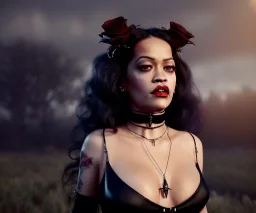 Rita ora, 1800s, vampire, fangs, long curly black hair, choker, black rose, Victorian dress, headdress