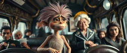 fascist dynasty soap opera, entire cast, photo shoot, posing, movie poster, with posters in it, close up portrait of hairy fluffy polymer clay cute female happy worried monster with realistic human colored and textured skin, and long sleek limbs and with studio lights, on a luxury ornate neon buss, talking to his aunt