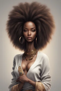 african fantasy girl with long big afro hair without jawlery, wearing in casual cloth