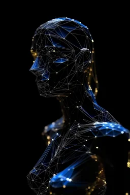 A close up photo of a artificial woman made from Led String Light in the style of low poly, covered in Led String Light, black background