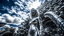 three-quarter-worms-eye view of a woman in a silver robotic catsuit standing in a futuristic derelict city with mushrooms with tentacles, floating in the sky