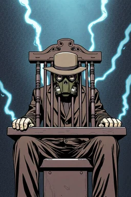 an electric chair(center and main focus) with a man behind wearing a gas mask and wide brimmed flat top hat, graphic novel