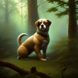 frank frazetta style, cute dog in the forest clearing