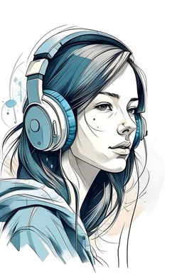Illustration sketch of woman in music with headphone