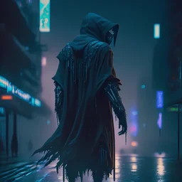 cyberpunk grim reaper, perfect proportion, Cyberpunk Edgerunner style, weather city, late night, cold chaos strong contrast,distant view, 8K picture quality, delicate picture, full body shot, character sheet, 3d, cgi, cyberpunk, streetwear outfit,