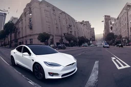 A Tesla 'Model S' is drifting at high speeds, on the streets of San Francisco. (CINEMATIC, WIDE ANGLE LENS, PHOTO REAL)