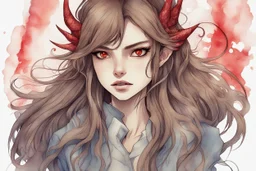 a close-up headshot of a woman with long brown hair, red eyes, sharp teeth, scales, pointed ears, beautiful monster, intricately detailed, colored sketchy manga style, splotchy watercolor background