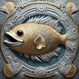 porcupine fish in silver and gold, in mayan desgin art style, background ocean