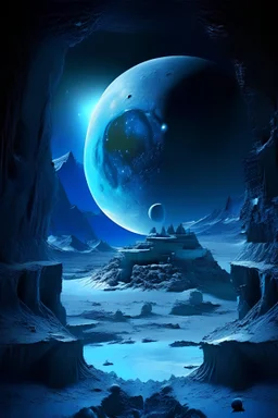 blue planet earth in the background and secret extraterrestrial underground base on the moon