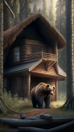 A cabin in the woods, a big brown bear, a movie scene, a more accurate picture hdr 3d