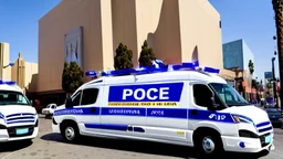 A police Tesla Cybertruck is chasing a Tesla 'Model S Plaid' at top speed, across the 'Universal Studios Hollywood', in Los Angeles. CINEMATIC. WIDE ANGLE LENS.