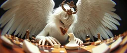 fish eye lense, pin hole cam, master oil painting by Rembrandt, realistic rendering one eyed chess blinding white angel harpy, wild gnawing on pieces