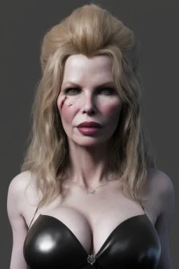 Kim Basinger as evil queen in black leather, busty, cleavage, curvy, angry, happy, stern look. character design by cory loftis, fenghua zhong, ryohei hase, ismail inceoglu and ruan jia. unreal engine 5, artistic lighting, highly detailed, photorealistic, fantasy