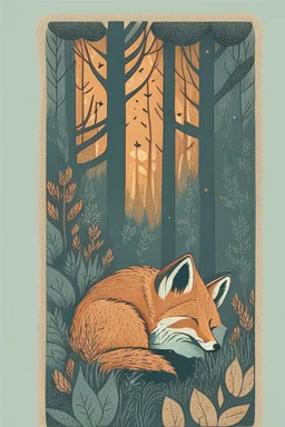 in a cosy vintage style, a fox sleeps in a forest