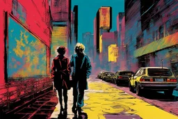 classic painting of a cyberpunk colourful walkway with two people making an exchange in the city with pollution by andy warhol