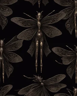 gothic, steampunk delicate metal woman, dragonfly, wings, black background