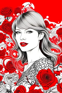 Generate a coloring page capturing the essence of Taylor Swift's "Red" album, with vibrant red hues and romantic imagery like roses, hearts, and love letters.