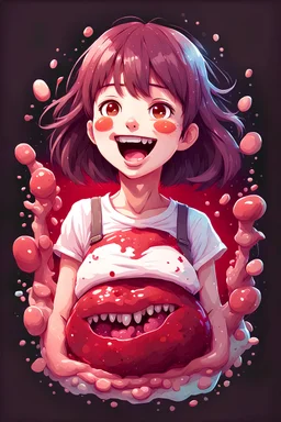 A detailed illustration Anime girl smiling crushed inside really darkred fleshy stomach filled with digestive juices, t-shirt design, in the style of Studio Ghibli, pastel tetradic colors, 3D vector art, cute and quirky, fantasy art, watercolor effect, bokeh, Adobe Illustrator, hand-drawn, digital painting, low-poly, soft lighting, bird's-eye view, isometric style, retro aesthetic, focused on the character, 4K resolution, photorealistic rendering, using Cinema 4D, vector logo, vector art,