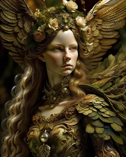Beautiful young faced decadent angel baroque style moss covered dusty rusty floral metallic wooden quilling filigree caved angel wings textured angel feathers filigree headdress woman portrait wearing moss covered ivory caved metallic golden filigree filigree decadent angel wearing owers dust and rust covered bqroque dress organic bio spinql ribbed detail of bokeh extremely detailed surrealistic maximqist concept close up portrait art