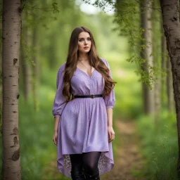 full body standing beautiful 20 year old girl with ash brown hair and blue eyes with her long hair down,curvy body , wearing a sleeved shirt and nice sarifon dress, and lilac long leggings, with long black boots full body shot,country side among trees