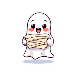An icon that features a cute and happy ghost. That holds a big pile of papers in its hands. No background. Transparent background. Cute. Icon. Logo. Drawing. SVG. Cute. Happy. Small. Baby. Child